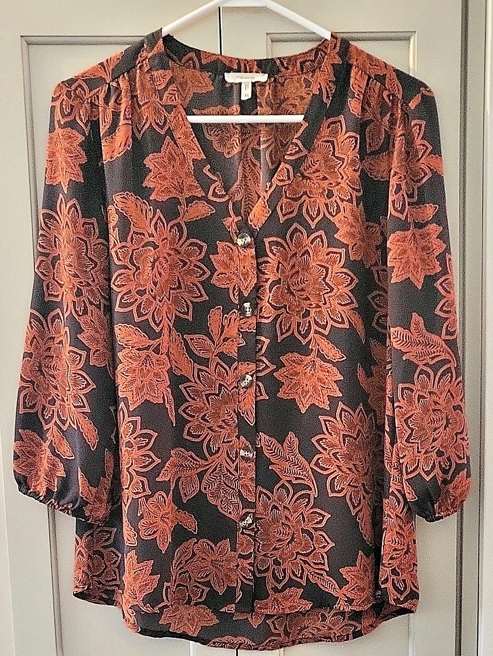 Maurices Floral Blouse in Dark Purply-Blue & Orange, Size Medium